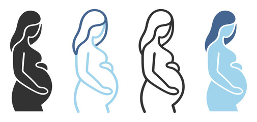 Pregnant woman icon set, maternity mother with baby belly silhouette, prenatal motherhood vector illustration isolated on transparent background