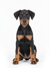 A dobermann puppy sitting upright looking directly forward on a white background from a frontal viewpoint