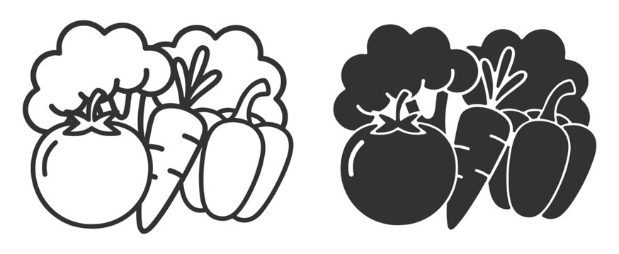 Fresh vegetables tomato broccoli pepper and carrot, healthy organic food outline icon isolated on transparent background