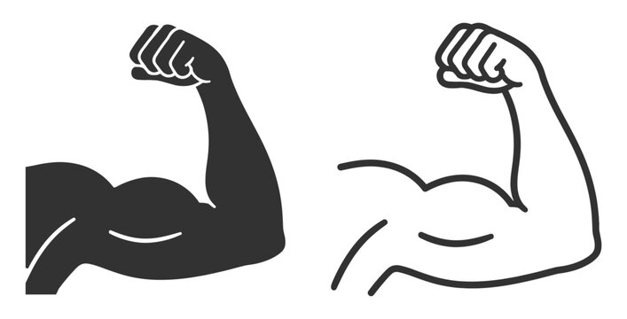 Strong arm bicep muscle flex, fitness bodybuilding silhouette and outline icon isolated on transparent background