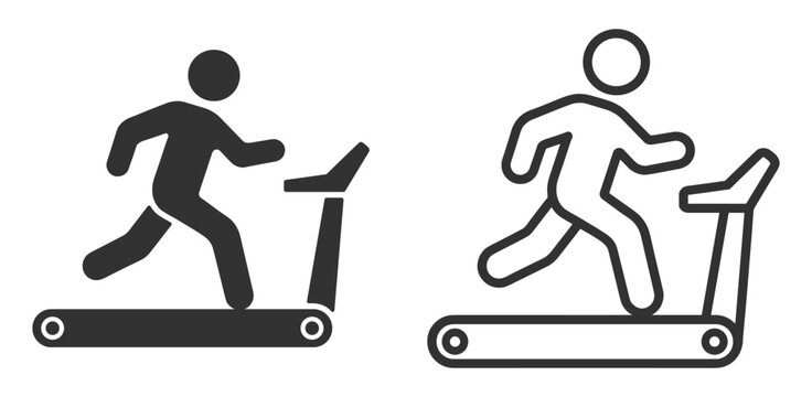 Running on treadmill fitness machine, gym cardio workout silhouette and outline icon isolated on transparent background