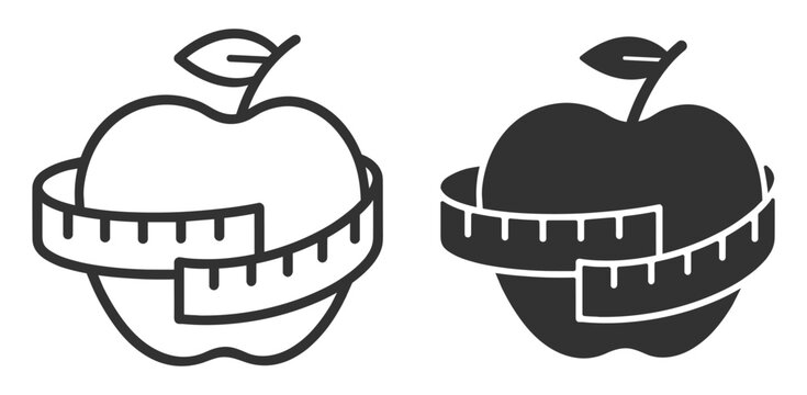Apple with measuring tape, diet and weight loss concept, outline vector icon isolated on transparent background