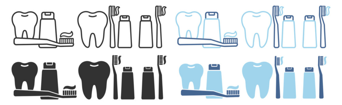 Dental hygiene icon set with tooth, toothbrush and toothpaste, oral care and dentist symbols on transparent background