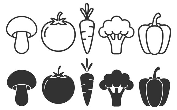 Fresh vegetable icon set with mushroom, tomato, carrot, broccoli and bell pepper in outline style on transparent background