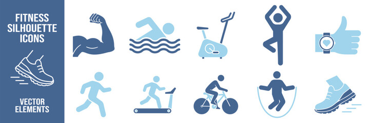 Sport and fitness silhouette icon collection, running, treadmill, cycling, swimming and gym exercise symbols on transparent background © Pavlo
