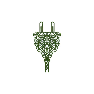 Eco-friendly electric plug silhouette illustration with decorative floral and leaf patterns, representing sustainable energy, green electricity, and renewable power connection concept isolated on whit