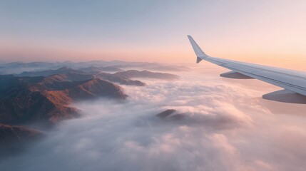 Obraz premium Airplane wing view from plane window over foggy mouth