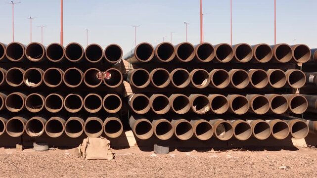 Ground-level tracking footage passing rows of stacked steel pipes used for oil and gas drilling and pipeline infrastructure in an arid industrial site.