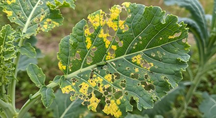 Close up of a damaged green leaf with yellow spots and holes