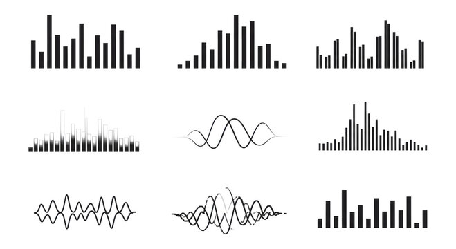 Collection of nine black audio wave and equalizer icons arranged in a 3x3 grid, showing bar-style and line-style waveform designs representing sound, frequency and signal visualization