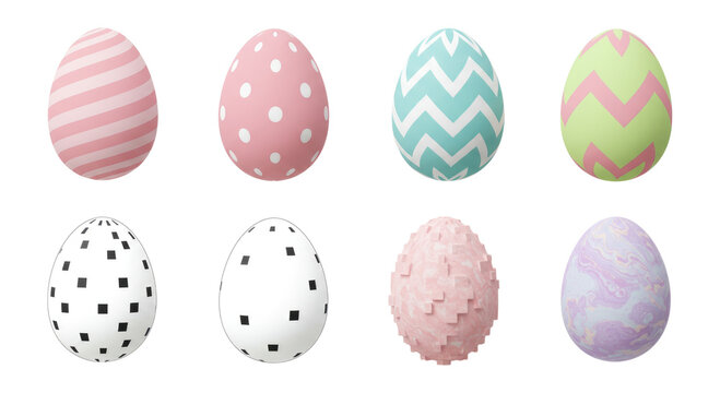 Set of eight decorative pastel Easter eggs with varied patterns arranged on a transparent background