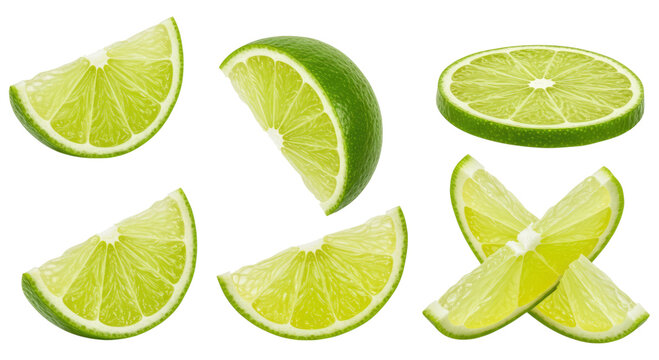 Fresh bright green lime slices and wedges arranged on a transparent background, showing juicy pulp, rind and segments