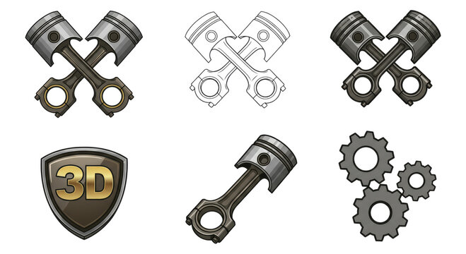 Set of engine pistons and connecting rods in crossed and single views plus gears, a 3D shield badge and line art illustrations