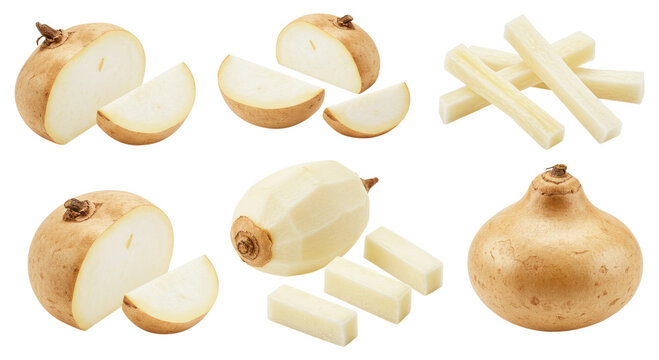 Fresh whole and peeled jicama shown whole, halved, sliced and cut into sticks on a transparent background