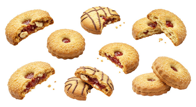 Assortment of round jam-filled sandwich cookies and shortbread biscuits, some whole and some bitten, with red berry jam centers, sugar coating and chocolate drizzle