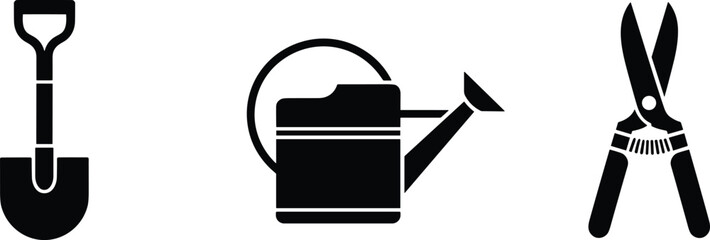 Garden tools silhouette set with shovel watering can and pruning shears, black icon collection isolated on white background illustration © LITON WORLD