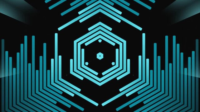 Futuristic neon blue hexagon pattern on black background with geometric shapes.