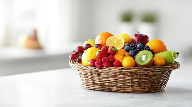 A Wicker Basket Filled with a Vibrant Assortment of Fresh, Ripe Fruits on a Kitchen Countertop