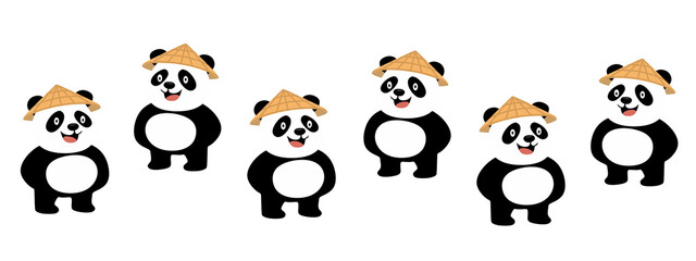 Naklejka premium Cartoon Smiling Panda Bear Wearing Asian Conical Hat Illustration