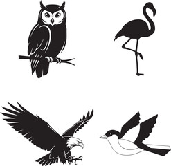 Fototapeta premium A set of wild vector birds featuring black silhouettes and cute cartoon illustrations of a flying eagle, crow, and dove with elegant wings and feathers isolated on a nature background