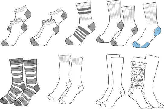 Men and Women Casual Sock Collection Technical Sketch Vector Illustration Featuring Ankle Crew Quarter and Knee High Styles for Apparel Design