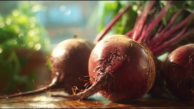 Fresh beets with vibrant greens on rustic wooden table