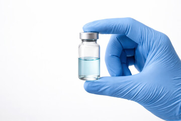A medical professional, wearing a sterile blue glove, carefully holds a small glass vial containing a light blue liquid, emphasizing precision and safety in healthcare.