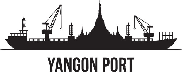 Obraz premium Yangon port vector silhouette of maritime cargo vessel with traditional burmese temple design