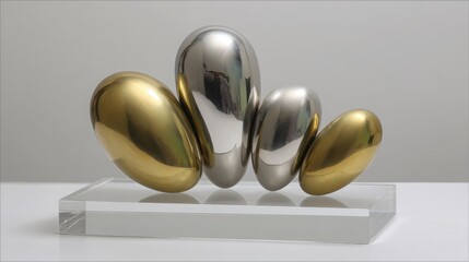 Abstract Metallic Sculptures Resembling Stylized Eggs in a Polished Display
