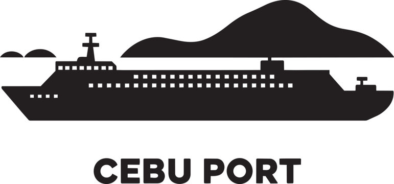 Silhouette of a ferry boat with hills and text ceu port for travel concept