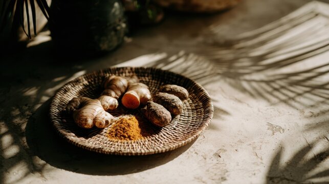 Rustic Woven Tray Displaying Fresh Ginger, Turmeric Roots, and Ground Spice