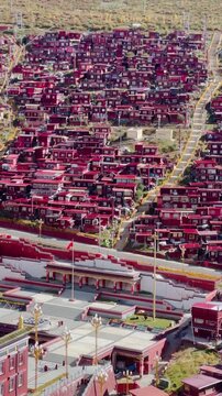 A vast Larung Gar settlement of red hillside dwellings forming a major Tibetan Buddhist academy in remote Sertar.