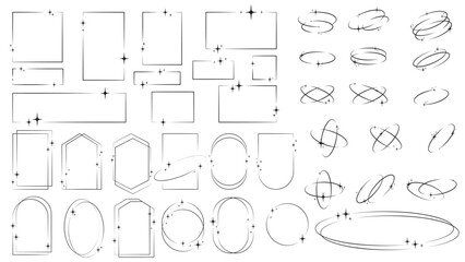 Large set of glitter design elements oval orbits, square, rectangular, round frames. Sparkling glitter frame. Modern minimalist star templates. Stylized orbit line with sparkles. Vector graphics © Iry