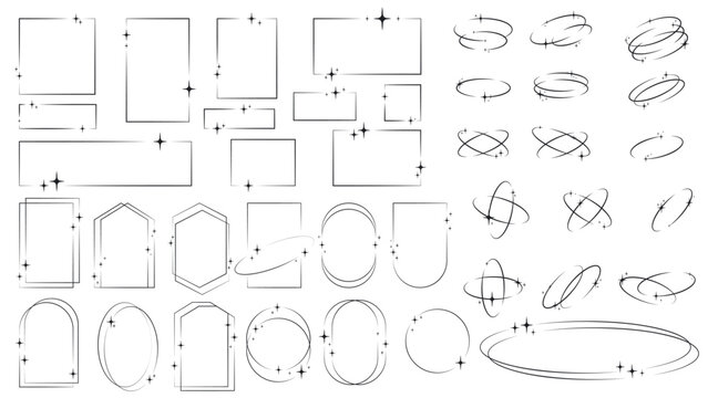 Large set of glitter design elements oval orbits, square, rectangular, round frames. Sparkling glitter frame. Modern minimalist star templates. Stylized orbit line with sparkles. Vector graphics