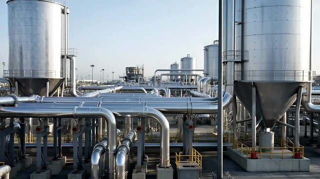 Modern industrial refinery with large steel tanks and interconnected pipelines under clear sky.