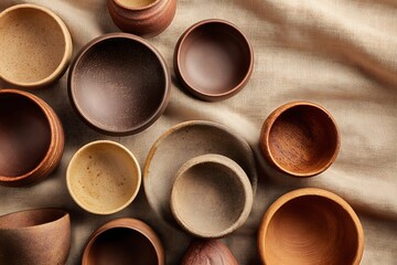 Variety of rustic ceramic bowls on beige fabric background