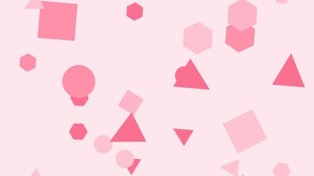 Monochromatic pale pink abstract background featuring scattered vibrant and soft geometric shapes: triangles, squares, circles, and hexagons, creating a cute, minimal, and modern design aesthetic.