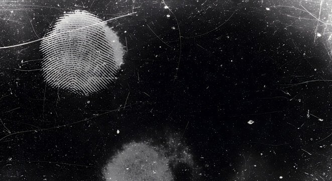 Closeup of a fingerprint and a smudge on a dark textured surface