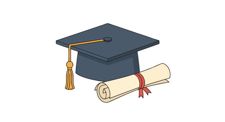 A cartoon illustration of a dark blue graduation cap with a gold tassel next to a rolled-up diploma scroll tied with a red ribbon, symbolizing academic achievement and completion.