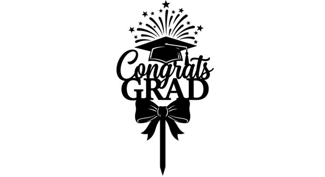 Black silhouette Congrats GRAD cake topper design with graduation cap, fireworks, and bow.