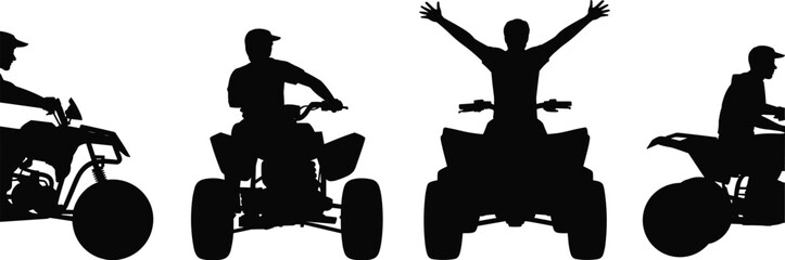Black silhouette set of people riding all-terrain vehicles and quad bikes, off-road adventure, extreme sports, outdoor recreation, and adrenaline concept. © Mst