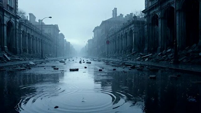 A deserted city street showcases desolation and gloomy reflections after rain, evoking a sense of isolation.