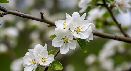 Obraz premium Close up of delicate white blossoms on a tree branch with green leaves
