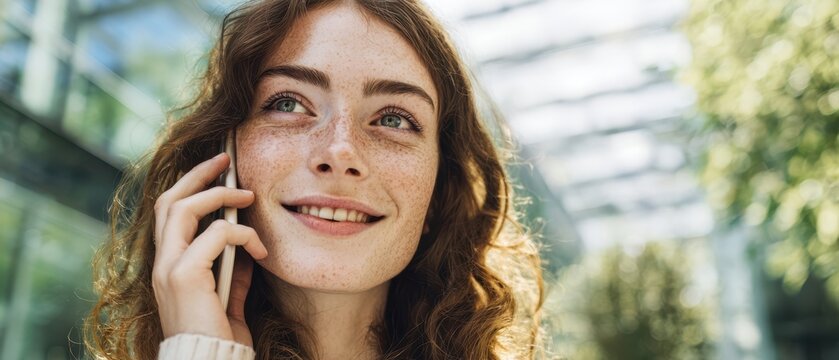 The young woman talking on a smartphone smiling in a sunlit modern atrium