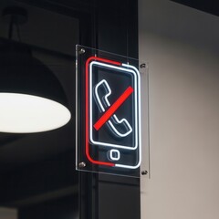 Illuminated Neon Sign Prohibiting Phone Use Displayed on Modern Clear Acrylic Surface