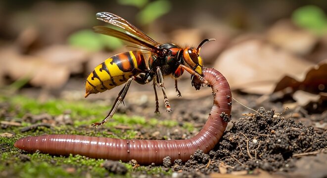 Close up of a hornet insect perched on a worm against a blurry background