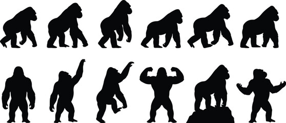 Large collection of gorilla silhouettes featuring various poses including walking, climbing, standing, pounding  © Mst