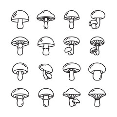 Mushroom Icons Set: Various Styles, Outline Drawings, White Background, Stock Media