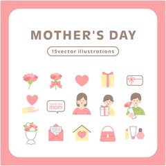 母の日のやさしいフラットアイコンセット｜カーネーションとギフトのベクターイラスト