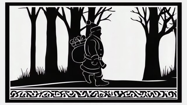 Santa Claus Silhouette Walking Through Winter Forest